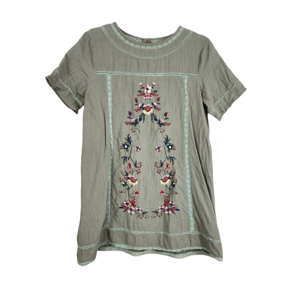 Olive Green Boho Floral Embroidered Mini Shirt Dress L/XL Crochet Festival Fall